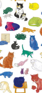 Colored drawings of cats against a white background.