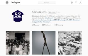 Instagram screen show with three images in a row: black and white photograph of crowd; walking man sculpture; black and white photograph of a man seated on the ground at a dig site.