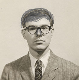Black-and-white passport photograph of Andy Warhol. He is looking straight ahead at the camera, expressionless, wearing a suit coat, white collared shirt, and tie. Black pencil marking are along his hair creating bangs, as well as on either side of his nose, creating the illusion of a more slender nose.