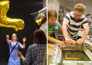 Composite image. The left image is a smiling young woman tossing a yellow metallic balloon. In the right image, a young man pulls a squeegee across a silkscreen and a young women to him right helps pull.