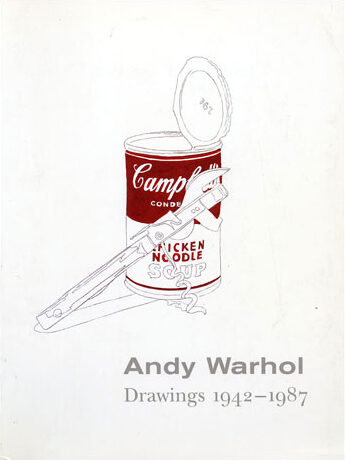 Cover of the book Andy Warhol: Drawings 1942-1987 showing a wrench leaning against an open Campbell's soup can.