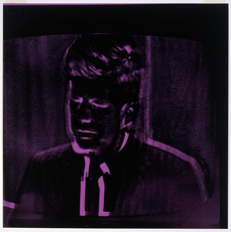 Outline of JFK's head and shoulders taken from a television press conference and manipulated with black and purple inks.