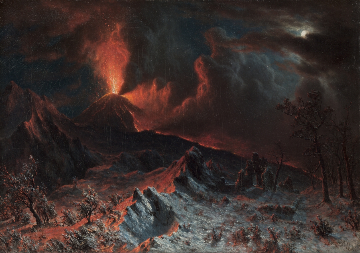 Dark painting of Mount Vesuvius erupting at night.