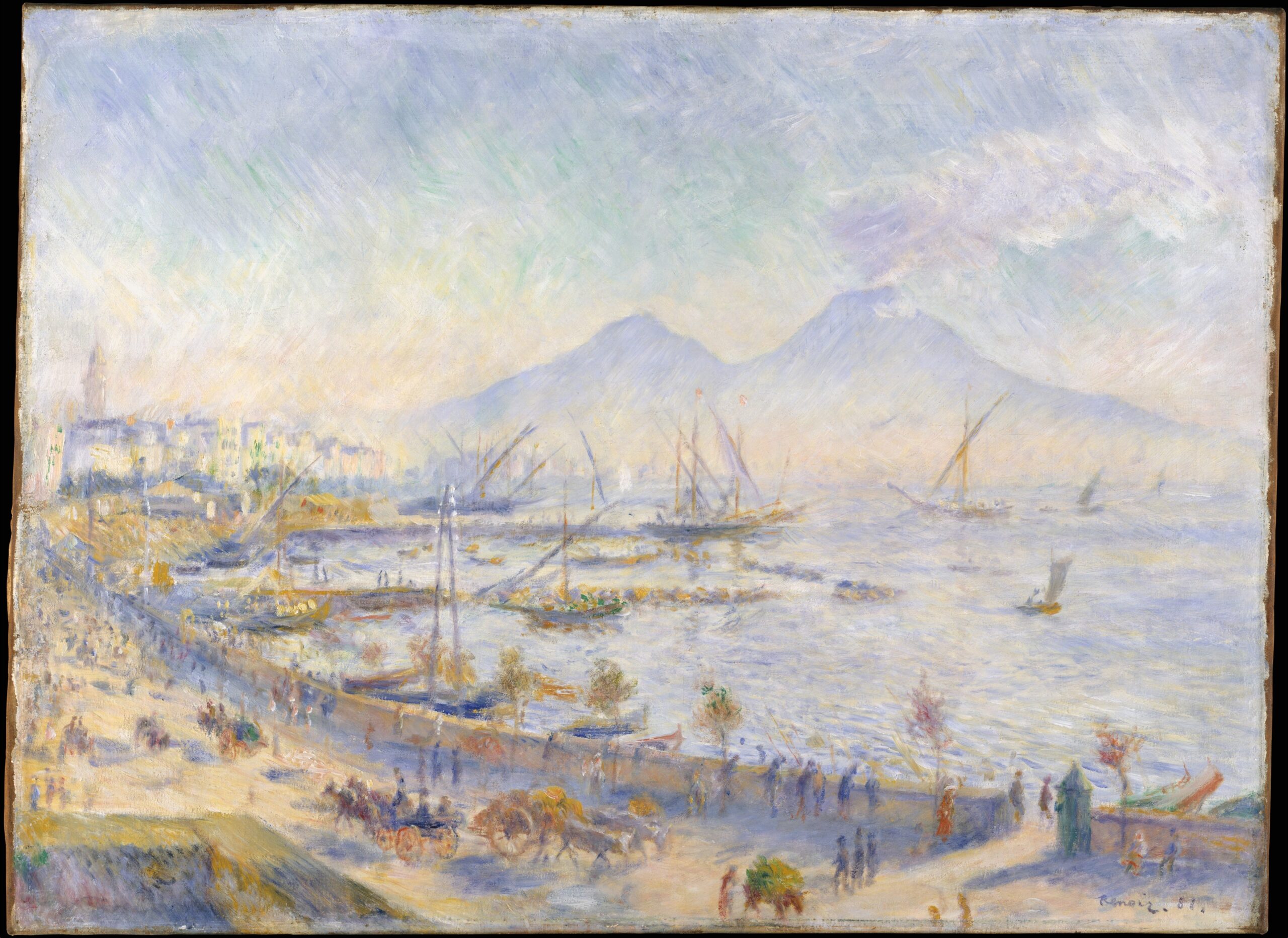 A painting of Mount Vesuvius with various boats and people at the Bay of Naples in front of it.