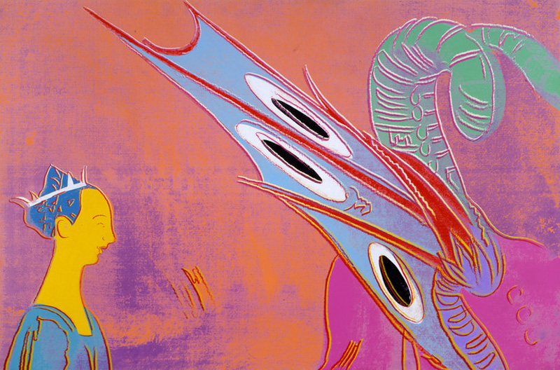 Painting, orange, pink, and blue in color. The subject is of a person on the left wearing a crown, and to the right is the wing and tail of a dragon.