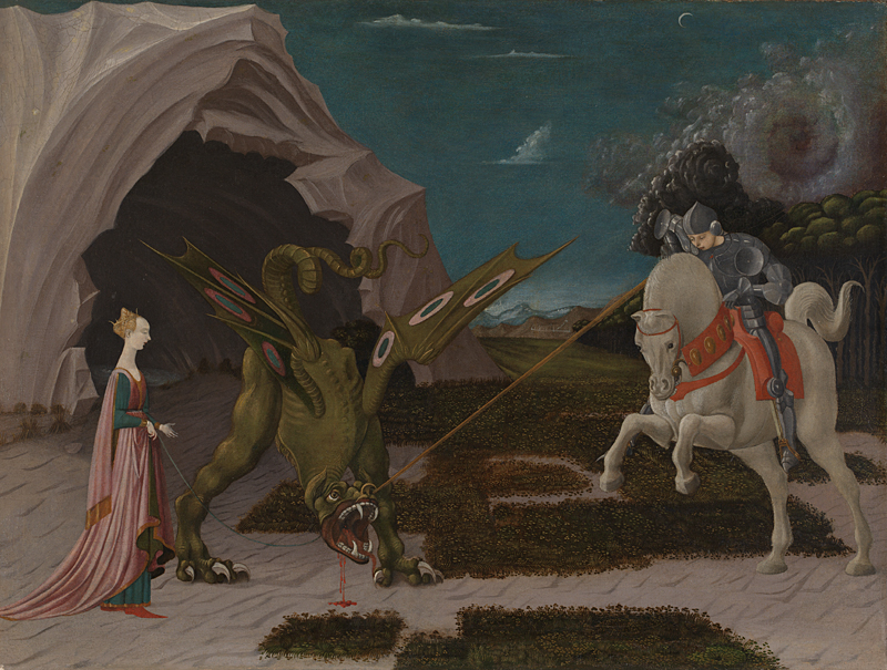 A painting of Saint George, in knights armor riding a white horse, battling a dragon in front of a cave. A woman stands opposite of the dragon, a leash is attached to the dragon and the woman's wrist.