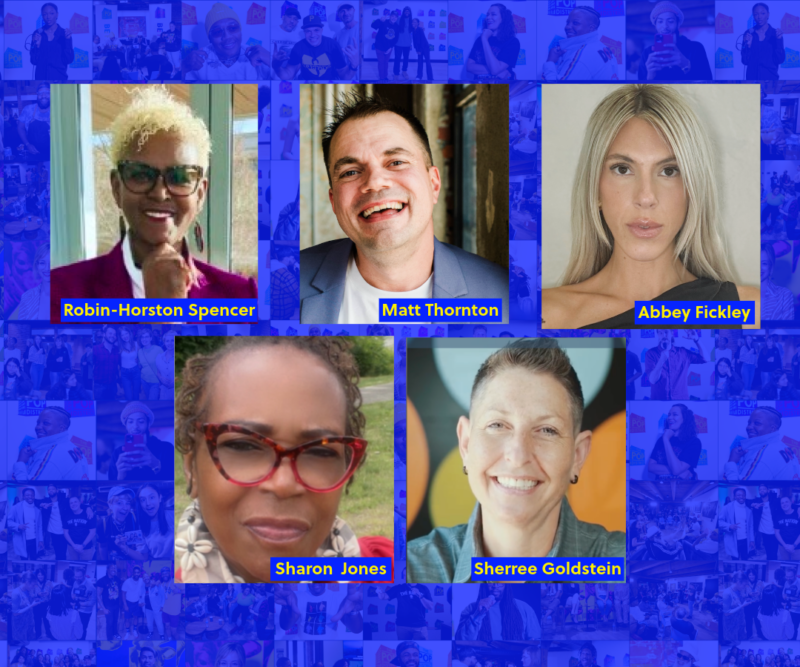 Headshots of the five Network Factory panelists with their names listed on each headshot on a background of collaged photos in dark blue tint.