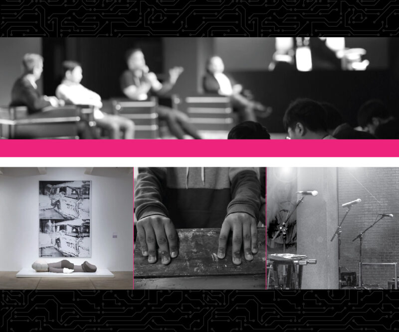 Collage of four images: top image shows people seated in a panel discussion in a conference hall; middle, bottom image focuses on hands creating a screenprint; bottom left image is an installation image of the KAWS + Warhol exhibition, and far right image shows microphones and a keyboard on a stage. The overall color theme is accented by magenta lines.