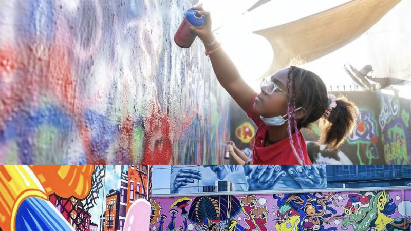 The top photo is an individual painting a colorful mural with a spray can. Bottom photo features a vibrant, detailed street mural with various artistic styles and patterns.