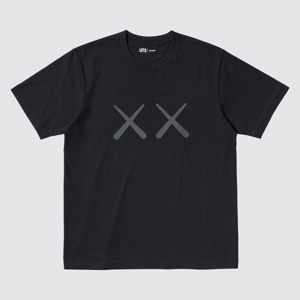 Black tee front, KAWS double X logo.