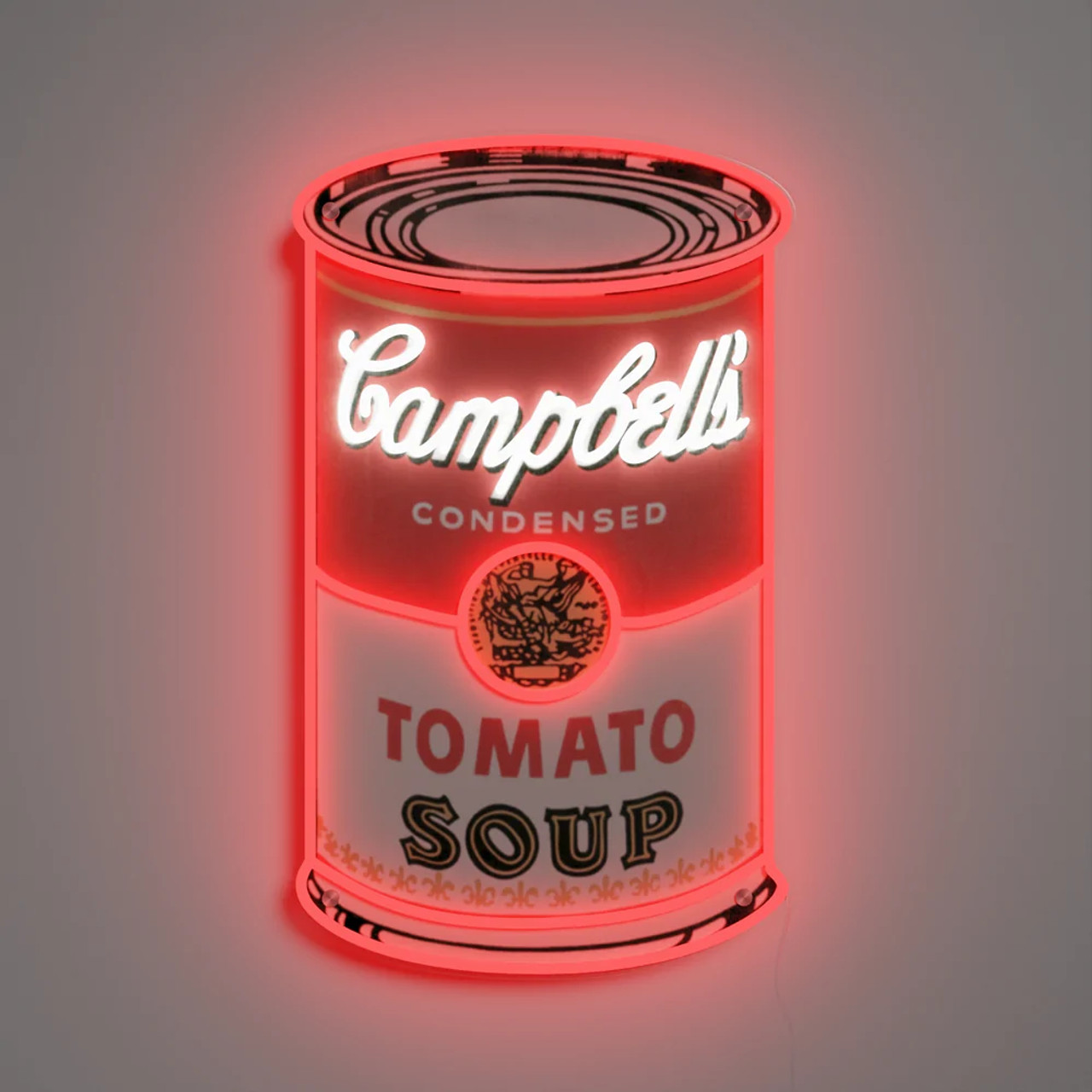 A sign of Andy Warhol's soup can. The edges are lit by red neon. The Campbell's text is it by white neon