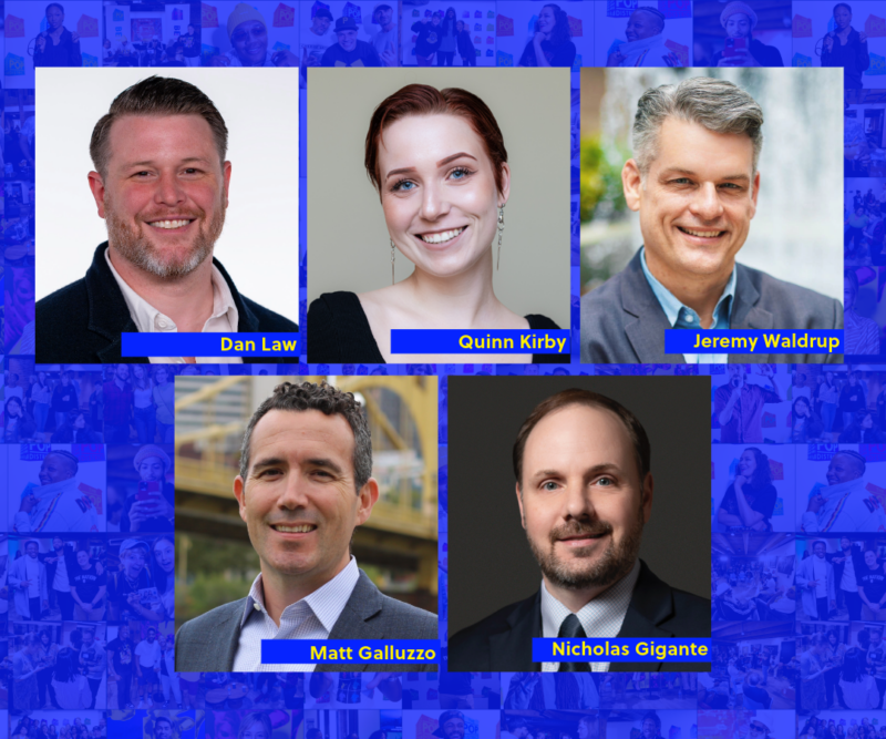 Group photo featuring five professionals. Top row from left to right: Dan Law, Quinn Kirby, Jeremy Waldrup. Bottom row from left to right: Matt Galluzzo, Nicholas Gigante. All set against a blue background with lighter blue silhouettes of people.