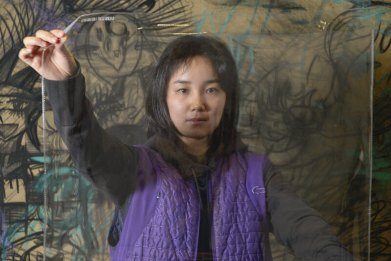 A head shot of Tingting Cheng holding a transparent plastic sheet in front of her body