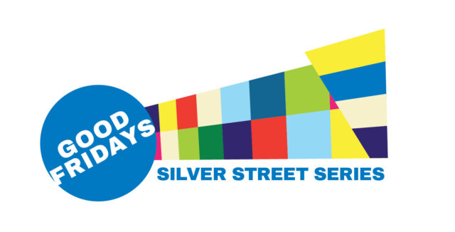 Logo for "Good Fridays Silver Street Series" featuring a blue circle with the event title on the left, and a colorful geometric pattern extending to the right.